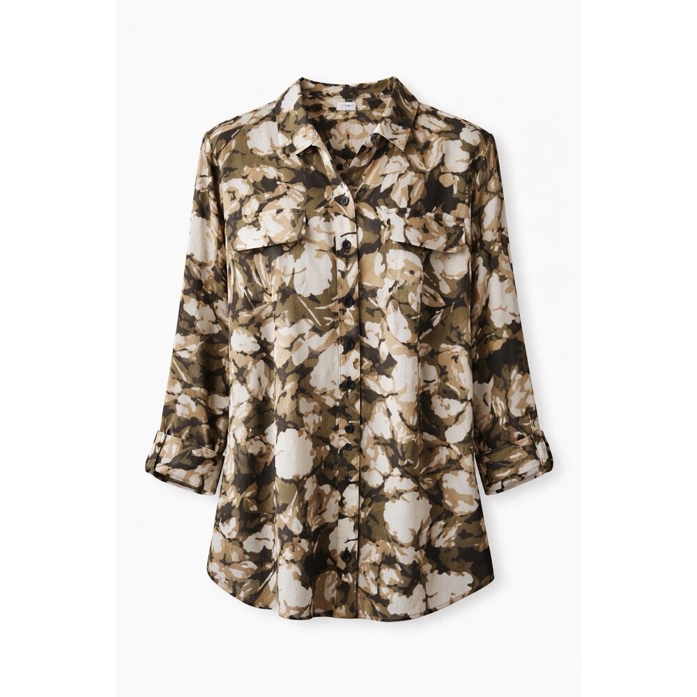 Chico's Camo Print Button Front Blouse Utility Style Long Sleeve Size 2 Large